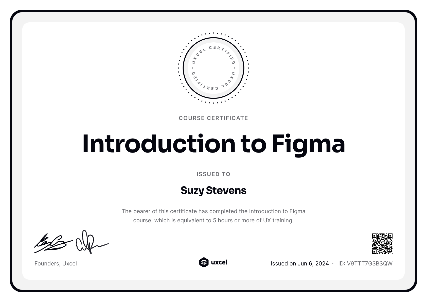 Suzy Stevens's certificate